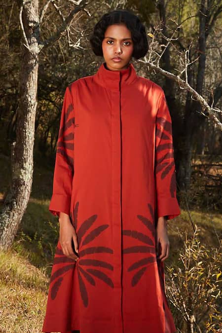 Buy_Kharakapas_Red Cotton High Neck Rustic Abstract Leaf Print A-line Dress _Online_at_Aza_Fashions