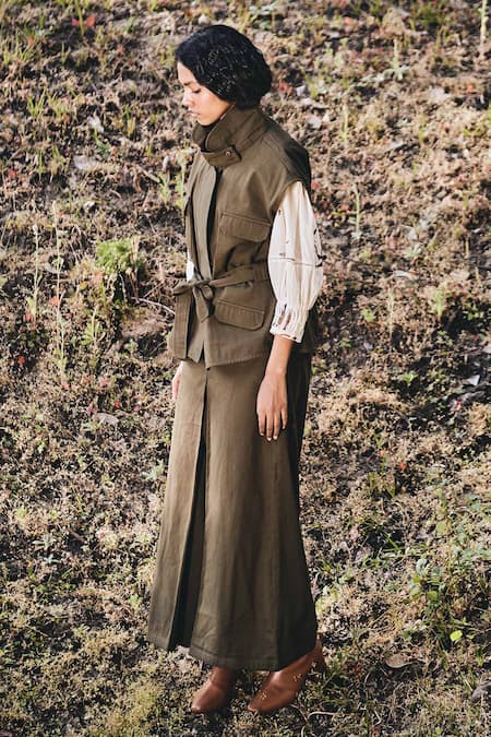 Kharakapas_Green Twill High Neck Olive Jacket _Online_at_Aza_Fashions