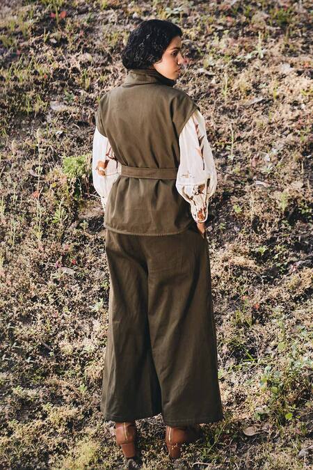 Buy_Kharakapas_Green Twill High Neck Olive Jacket _Online_at_Aza_Fashions