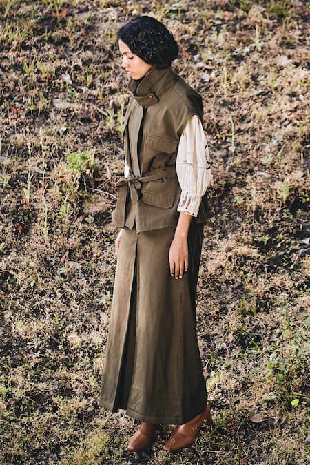 Kharakapas_Green Twill Flared Olive Pant _Online_at_Aza_Fashions