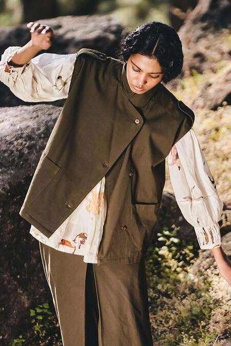 Kharakapas_Green Twill High Neck Olive Jacket _Online_at_Aza_Fashions