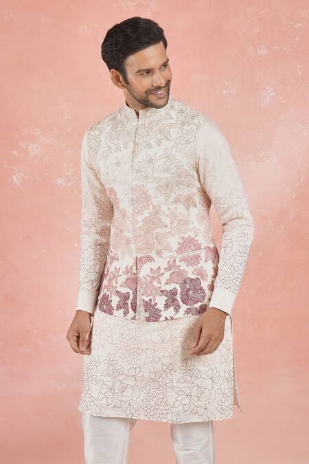 Shop_Rng Safawala_Off White Cotton, Silk Embroidery Floral Ombre Bundi Kurta Set _Online_at_Aza_Fashions