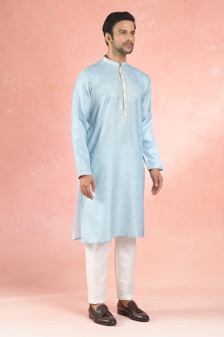 Buy_Rng Safawala_Blue Linen, Cotton, Silk Embroidery Resham Kurta Set With Pant_Online_at_Aza_Fashions