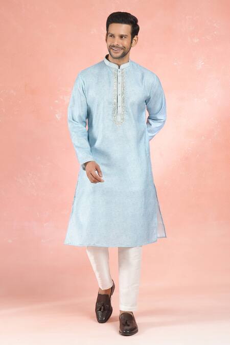 Shop_Rng Safawala_Blue Linen, Cotton, Silk Embroidery Resham Kurta Set With Pant_Online_at_Aza_Fashions