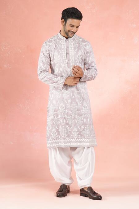 Shop_Rng Safawala_Purple Muslin, Silk Embroidery Lilac Dori Kurta And Pathani Pant_Online_at_Aza_Fashions