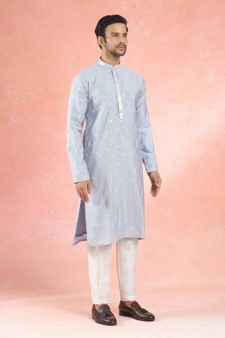 Rng Safawala Blue Muslin, Silk, Cotton Sequins, Embroidery Blossom Motif Kurta Set Online at Aza Fashions Rng Safawala_Blue Muslin, Silk, Cotton Sequins, Embroidery Blossom Motif Kurta Set_Online_at_Aza_Fashions