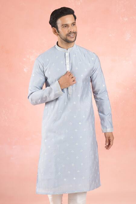 Rng Safawala Blue Muslin, Silk, Cotton Sequins, Embroidery Blossom Motif Kurta Set at Aza Fashions Rng Safawala_Blue Muslin, Silk, Cotton Sequins, Embroidery Blossom Motif Kurta Set_at_Aza_Fashions