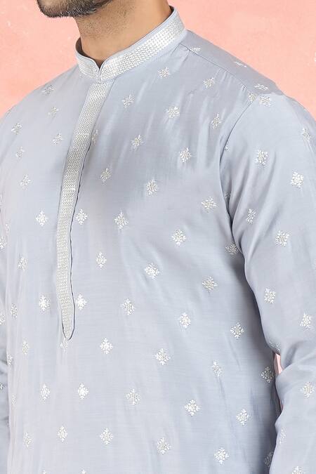 Buy Rng Safawala Blue Muslin, Silk, Cotton Sequins, Embroidery Blossom Motif Kurta Set Buy_Rng Safawala_Blue Muslin, Silk, Cotton Sequins, Embroidery Blossom Motif Kurta Set