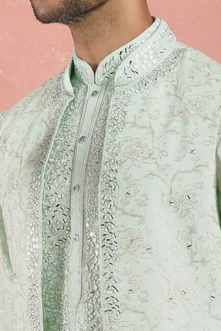Rng Safawala Green Muslin, Silk, Cotton Mirrors, Embroidery Floral Bundi Kurta Set Online at Aza Fashions Rng Safawala_Green Muslin, Silk, Cotton Mirrors, Embroidery Floral Bundi Kurta Set _Online_at_Aza_Fashions