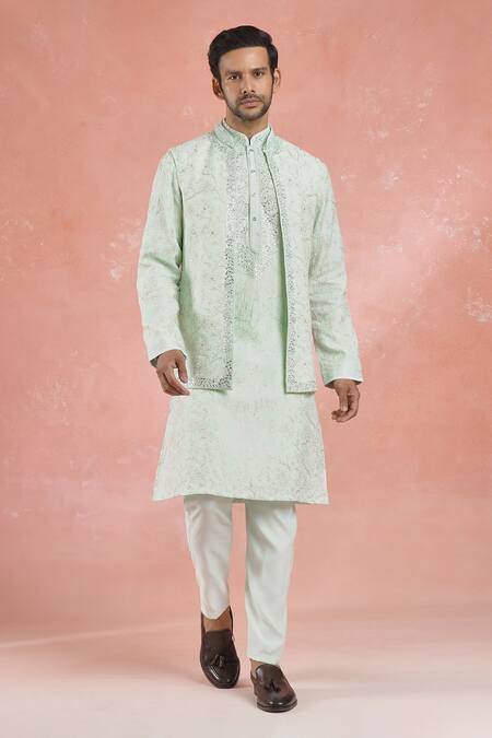 Shop Rng Safawala Green Muslin, Silk, Cotton Mirrors, Embroidery Floral Bundi Kurta Set Online at Aza Fashions Shop_Rng Safawala_Green Muslin, Silk, Cotton Mirrors, Embroidery Floral Bundi Kurta Set _Online_at_Aza_Fashions