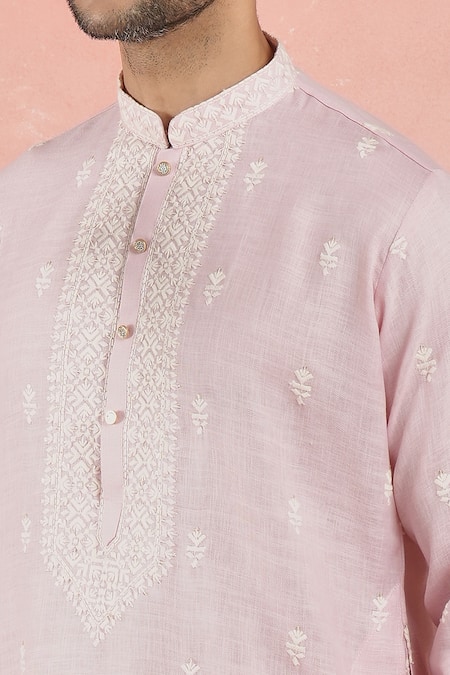 Rng Safawala_Pink Linen, Cotton, Silk Embroidery Crest Bloom Motif Kurta And Pant _Online_at_Aza_Fashions