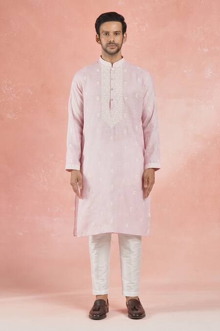 Buy_Rng Safawala_Pink Linen, Cotton, Silk Embroidery Crest Bloom Motif Kurta And Pant _Online_at_Aza_Fashions