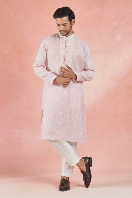Shop_Rng Safawala_Pink Linen, Cotton, Silk Embroidery Crest Bloom Motif Kurta And Pant _Online_at_Aza_Fashions
