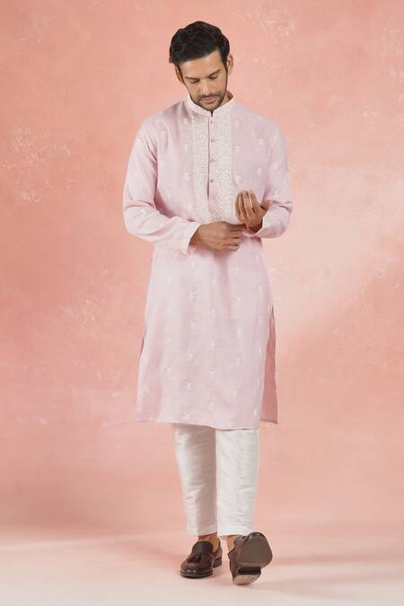 Rng Safawala_Pink Linen, Cotton, Silk Embroidery Crest Bloom Motif Kurta And Pant _at_Aza_Fashions