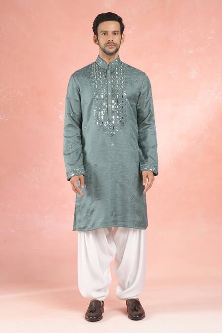 Rng Safawala_Blue Muslin, Silk, Cotton Mirrors Embroidered Kurta Set _Online_at_Aza_Fashions