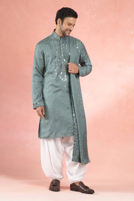 Buy_Rng Safawala_Blue Muslin, Silk, Cotton Mirrors Embroidered Kurta Set _Online_at_Aza_Fashions
