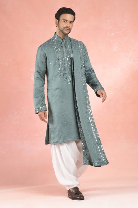Shop_Rng Safawala_Blue Muslin, Silk, Cotton Mirrors Embroidered Kurta Set _Online_at_Aza_Fashions