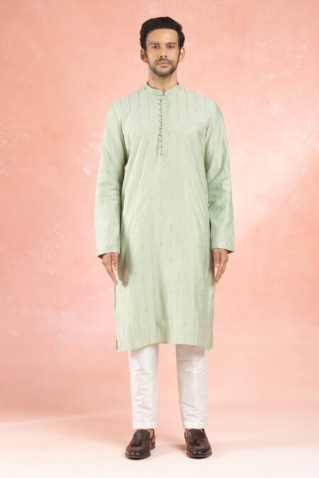 Rng Safawala_Green Muslin, Silk Sequins Vine Embroidered Kurta Set _Online_at_Aza_Fashions