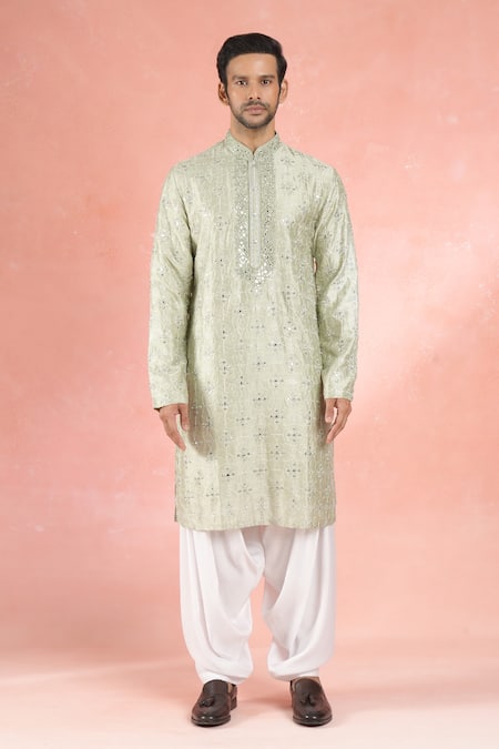 Rng Safawala_Green Muslin, Silk, Cotton Mirrors, Embroidery Florin Kurta And Salwar Set _Online_at_Aza_Fashions