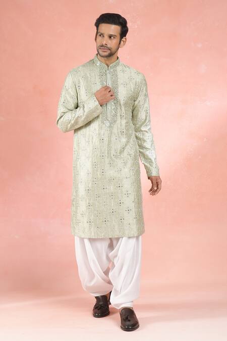 Buy_Rng Safawala_Green Muslin, Silk, Cotton Mirrors, Embroidery Florin Kurta And Salwar Set _Online_at_Aza_Fashions