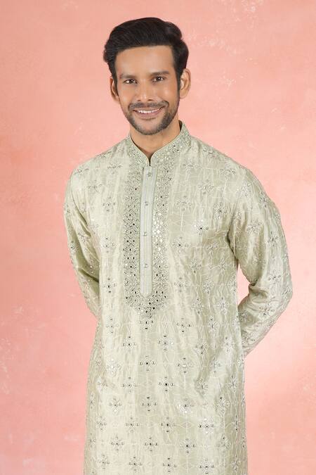 Shop_Rng Safawala_Green Muslin, Silk, Cotton Mirrors, Embroidery Florin Kurta And Salwar Set _Online_at_Aza_Fashions