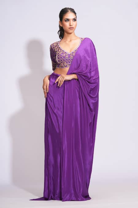 Shruti S_Purple Silk, Crepe Sequins, Pearls, Cut Pre-draped Saree With Embroidered Blouse _Online_at_Aza_Fashions