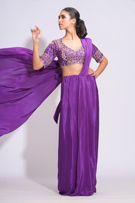 Buy_Shruti S_Purple Silk, Crepe Sequins, Pearls, Cut Pre-draped Saree With Embroidered Blouse _Online_at_Aza_Fashions
