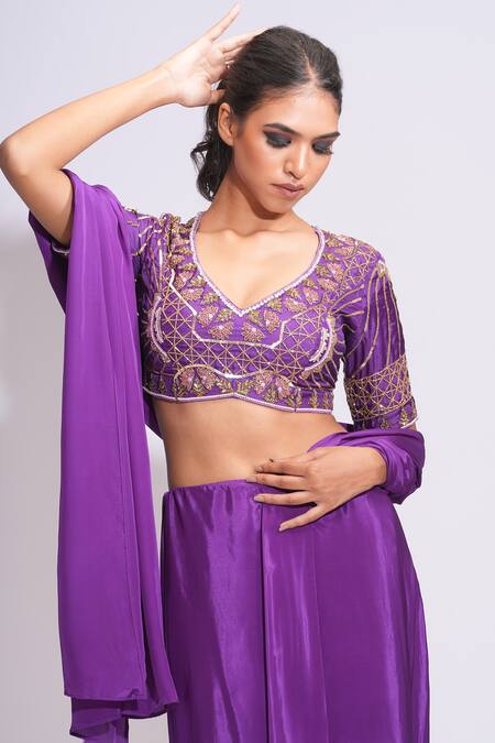 Shop_Shruti S_Purple Silk, Crepe Sequins, Pearls, Cut Pre-draped Saree With Embroidered Blouse _Online_at_Aza_Fashions