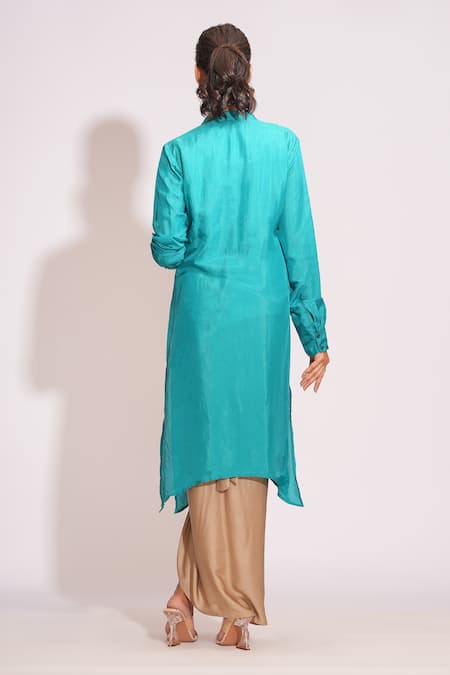 Shop Shruti S Blue Silk, Modal, Satin Beads, Pearls, Embroidered Kurta And Gold Draped Skirt at Aza Fashions Shop_Shruti S_Blue Silk, Modal, Satin Beads, Pearls, Embroidered Kurta And Gold Draped Skirt _at_Aza_Fashions