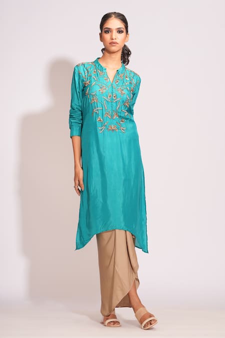 Shruti S Blue Silk, Modal, Satin Beads, Pearls, Embroidered Kurta And Gold Draped Skirt Online at Aza Fashions Shruti S_Blue Silk, Modal, Satin Beads, Pearls, Embroidered Kurta And Gold Draped Skirt _Online_at_Aza_Fashions