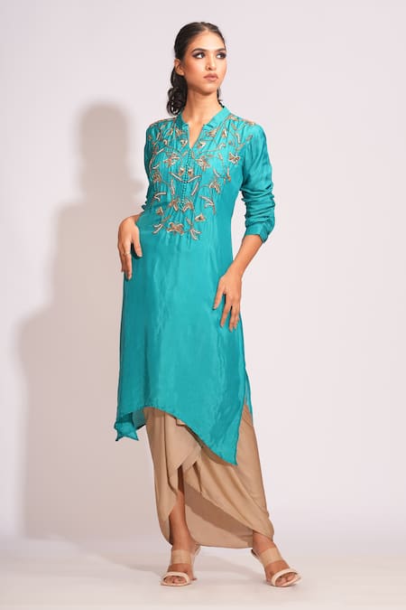 Buy Shruti S Blue Silk, Modal, Satin Beads, Pearls, Embroidered Kurta And Gold Draped Skirt Online at Aza Fashions Buy_Shruti S_Blue Silk, Modal, Satin Beads, Pearls, Embroidered Kurta And Gold Draped Skirt _Online_at_Aza_Fashions
