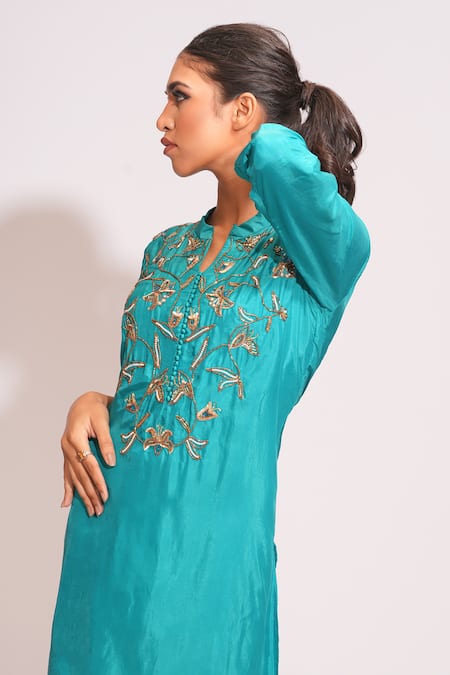 Shop Shruti S Blue Silk, Modal, Satin Beads, Pearls, Embroidered Kurta And Gold Draped Skirt Online at Aza Fashions Shop_Shruti S_Blue Silk, Modal, Satin Beads, Pearls, Embroidered Kurta And Gold Draped Skirt _Online_at_Aza_Fashions