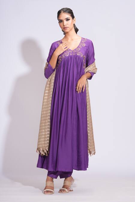 Shop Shruti S Purple Cotton, Organza Embroidery V-neck Floral Zari Anarkali Set Online at Aza Fashions Shop_Shruti S_Purple Cotton, Organza Embroidery V-neck Floral Zari Anarkali Set _Online_at_Aza_Fashions