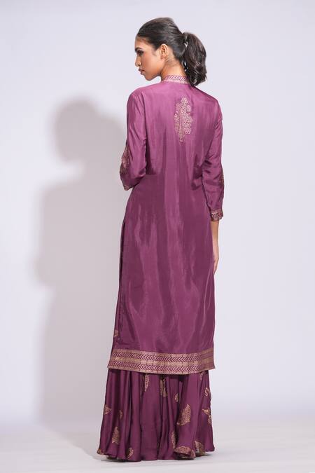 Shop Shruti S Wine Silk, Modal, Organza Embroidery Mandarin Floral Hand Block Print Kurta Set at Aza Fashions Shop_Shruti S_Wine Silk, Modal, Organza Embroidery Mandarin Floral Hand Block Print Kurta Set _at_Aza_Fashions