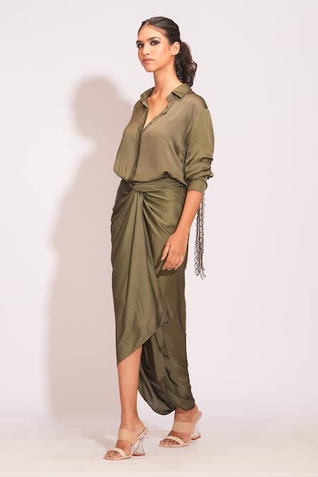 Shruti S_Green Modal, Satin Tassels Collared Lace Embellished Olive Shirt Set _Online_at_Aza_Fashions