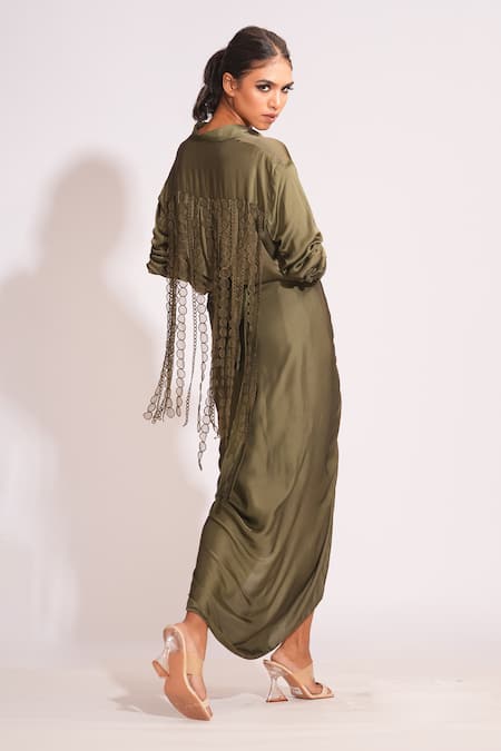 Buy_Shruti S_Green Modal, Satin Tassels Collared Lace Embellished Olive Shirt Set _Online_at_Aza_Fashions
