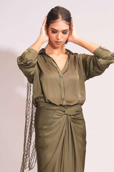 Shop_Shruti S_Green Modal, Satin Tassels Collared Lace Embellished Olive Shirt Set _Online_at_Aza_Fashions