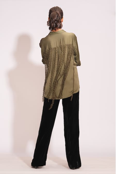 Shop Shruti S Green Modal Tassels Collared Lace Embellished Olive Shirt at Aza Fashions Shop_Shruti S_Green Modal Tassels Collared Lace Embellished Olive Shirt _at_Aza_Fashions