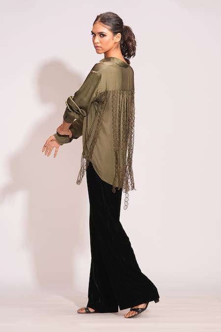 Shruti S Green Modal Tassels Collared Lace Embellished Olive Shirt Online at Aza Fashions Shruti S_Green Modal Tassels Collared Lace Embellished Olive Shirt _Online_at_Aza_Fashions