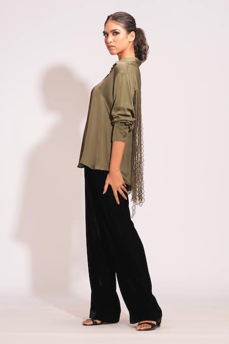 Buy Shruti S Green Modal Tassels Collared Lace Embellished Olive Shirt Online at Aza Fashions Buy_Shruti S_Green Modal Tassels Collared Lace Embellished Olive Shirt _Online_at_Aza_Fashions