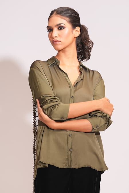 Shop Shruti S Green Modal Tassels Collared Lace Embellished Olive Shirt Online at Aza Fashions Shop_Shruti S_Green Modal Tassels Collared Lace Embellished Olive Shirt _Online_at_Aza_Fashions