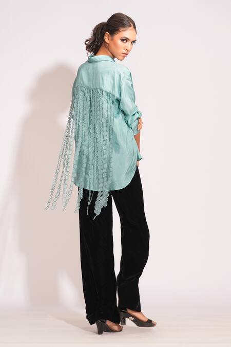 Shop_Shruti S_Blue Modal Tassels Collared Lace Embellished Shirt _at_Aza_Fashions