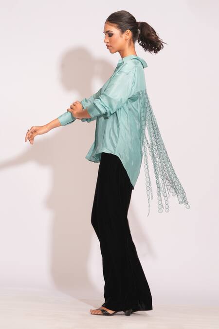 Shruti S_Blue Modal Tassels Collared Lace Embellished Shirt _Online_at_Aza_Fashions