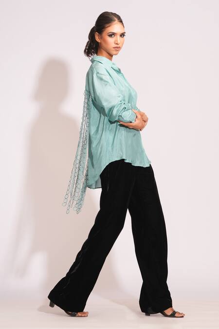 Buy_Shruti S_Blue Modal Tassels Collared Lace Embellished Shirt _Online_at_Aza_Fashions