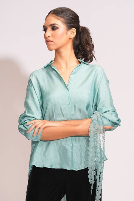 Shop_Shruti S_Blue Modal Tassels Collared Lace Embellished Shirt _Online_at_Aza_Fashions