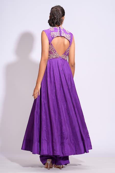 Shop Shruti S Purple Silk, Georgette Sequins V-neck Dori Embroidered Anarkali Set at Aza Fashions Shop_Shruti S_Purple Silk, Georgette Sequins V-neck Dori Embroidered Anarkali Set _at_Aza_Fashions