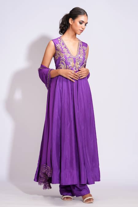Shruti S Purple Silk, Georgette Sequins V-neck Dori Embroidered Anarkali Set Online at Aza Fashions Shruti S_Purple Silk, Georgette Sequins V-neck Dori Embroidered Anarkali Set _Online_at_Aza_Fashions