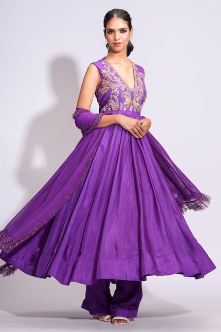 Buy Shruti S Purple Silk, Georgette Sequins V-neck Dori Embroidered Anarkali Set Online at Aza Fashions Buy_Shruti S_Purple Silk, Georgette Sequins V-neck Dori Embroidered Anarkali Set _Online_at_Aza_Fashions