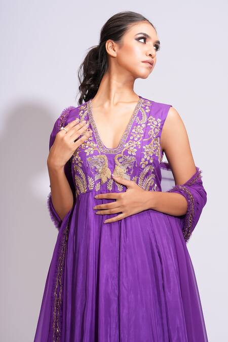 Shop Shruti S Purple Silk, Georgette Sequins V-neck Dori Embroidered Anarkali Set Online at Aza Fashions Shop_Shruti S_Purple Silk, Georgette Sequins V-neck Dori Embroidered Anarkali Set _Online_at_Aza_Fashions