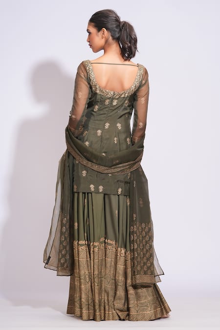 Shop Shruti S Green Silk, Modal, Organza Embroidery Scoop Floral Hand Block Print Sharara Set at Aza Fashions Shop_Shruti S_Green Silk, Modal, Organza Embroidery Scoop Floral Hand Block Print Sharara Set _at_Aza_Fashions